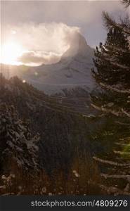 mountain matterhorn zermatt switzerland with fresh snow on beautiful winter day