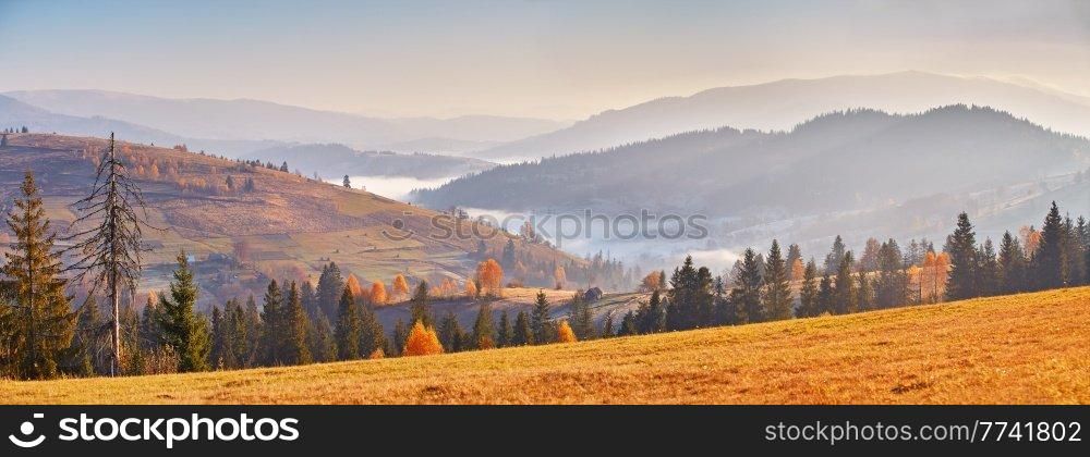 Mountain morning autumn panorama. Colorful fall landscape, foggy sunrise in Carpathians. Majestic misty scenery, valley, village,  tonal perspective