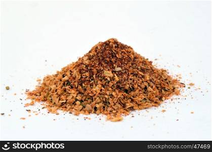 Mountain of spices with spaghetti. On a white bottom.