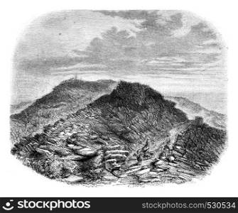Mountain of Toul, in the department of Creuse, vintage engraved illustration. Magasin Pittoresque 1852.