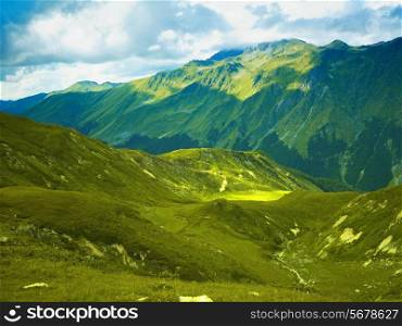 Mountain panorama from alpine meadows in the Caucasus Mountains