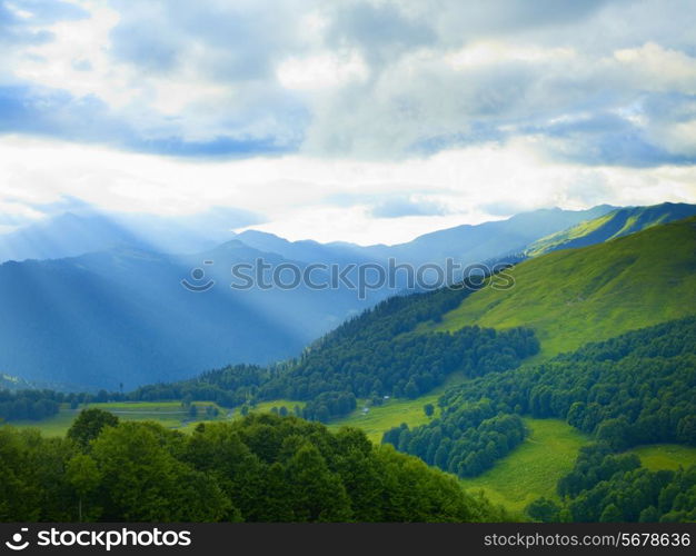 Mountain panorama from alpine meadows in the Caucasus Mountains