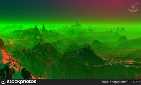 Mountain peaks are covered by snow. In between a green fog. In the night sky of a star.