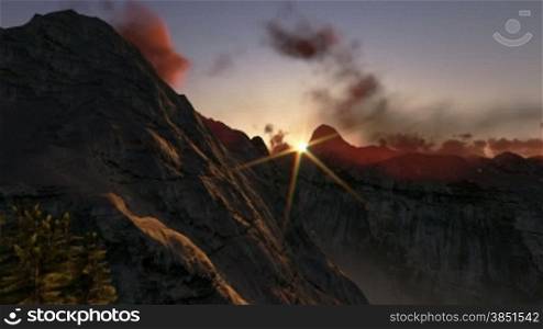 Mountain peaks at sunrise, helicopter view