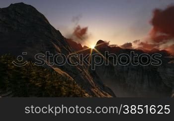 Mountain peaks at sunset, timelapse clouds