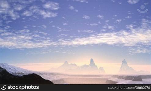 Mountain peaks covered with snow and shrouded in mist. Out of the mist slowly rising sun. The camera zooms the view.