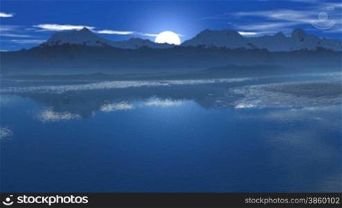 Mountain peaks covered with snow. On the rare blue sky white clouds. Slowly the sun rises bright white and is reflected in the calm surface of the sea (lake). Foggy. All painted in blue tone.