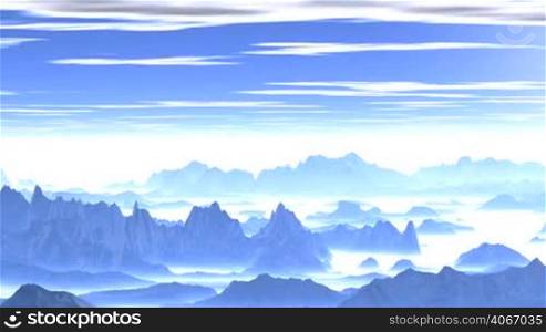 Mountain peaks stand in thick white mist. In the blue sky a bright white sun, clouds float. The sky reflects the mountain lakes. On the horizon, white glow.