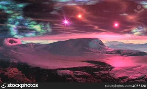 Mountain plateau covered with snow. Bright Star quickly rises over the misty horizon. The starry night sky colored nebula and bright pink star and rare wavy cloud. The whole landscape is painted pink light rising star.