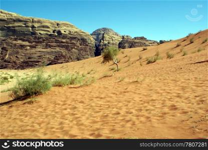 Mountain range and sand barhan in Wadi Rum desert, Jordan