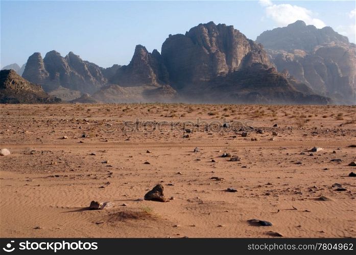 Mountain range and sand desert Wadi Rum, Jordan