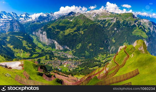 Mountain range Breithorn of Pennine Alps and Lauterbrunnen valley in Swiss Alps, Switzerland as seen from Klein Matterhorn, Switzerland.. Lauterbrunnen valley, Switzerland