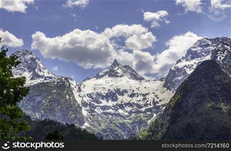 Mountain Range in Austria in Summer: Snow mountain peak, Loferer Steinberger