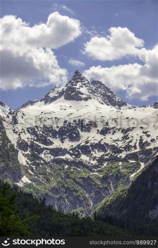 Mountain Range in Austria in Summer: Snow mountain peak, Loferer Steinberger