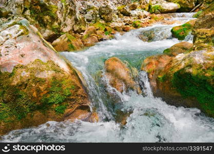 Mountain river. A stream of water in forest and mountain terrain. Crimea, the Grand Canyon.