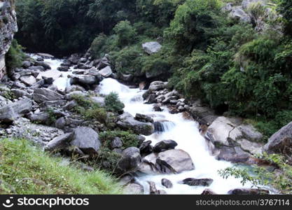 Mountain river and green forest in Nepal