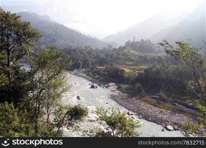 Mountain river and hills in Nepal