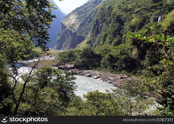 Mountain river and trees in Nepal
