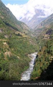 Mountain river Budhi Gandaki Nadi near Manaslu in Nepal