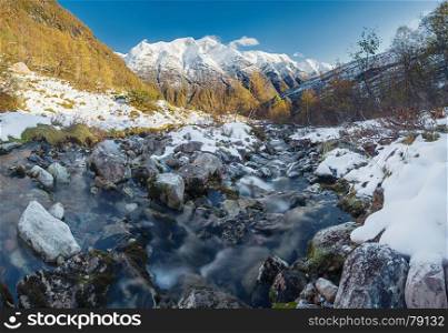 Mountain river flow among rocks; rapid water, golden trees, snow-covered mountains - autumn in Norway.