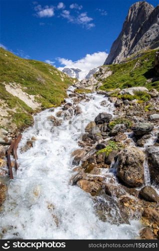 Mountain river in Vanoise national Park alpine valley, Savoie, French alps. Mountain river in Vanoise national Park valley, French alps