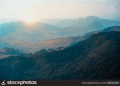 Mountain river valley landscape. Beautiful natural scenery before sunset. Dunajec river at the foot of Trzy Korony (Three Crowns) peak in the Pieniny Mountains