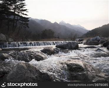 Mountain river. Water on river rapids. South Korea