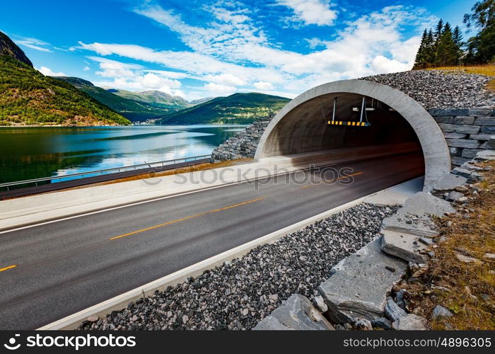 Mountain road in Norway. The entrance to the tunnel.