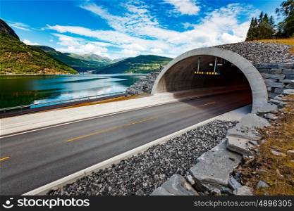 Mountain road in Norway. The entrance to the tunnel.