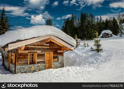 Mountain ski resort with snow in winter, Courchevel, Alps, France