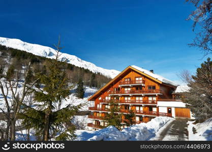 Mountain ski resort with snow in winter, Meribel, Alps, France