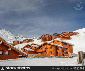 Mountain ski resort with snow in winter, Val Thorens, Alps, France