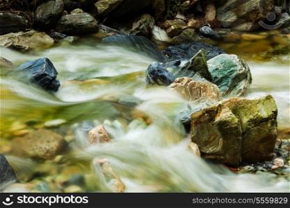 Mountain stream and rocks. Long exposure