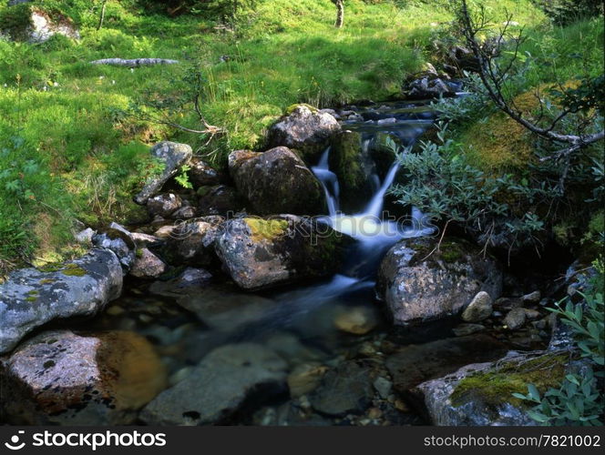 Mountain stream with rocks and green grass