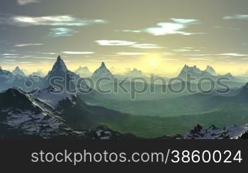 Mountain tops are covered with snow, in a bottom green valleys. Morning, fog. Because of the horizon there ascends the sun and shines everything around. In the sky clouds quickly float.
