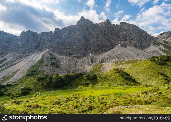 Mountain tour over the Lachenspitze north face via ferrata to the Lachenspitze. Ascent from Vilsalpsee over Traualpsee and Landsberger hut