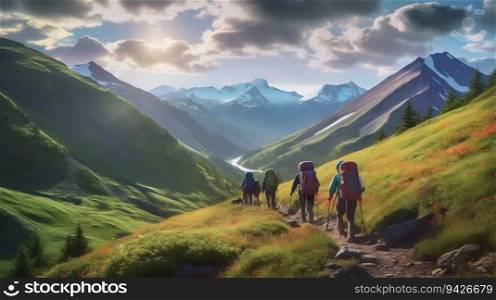 Mountain Trail  Group of Hikers Setting Off on Their Journey. Generative ai. High quality illustration. Mountain Trail  Group of Hikers Setting Off on Their Journey. Generative ai