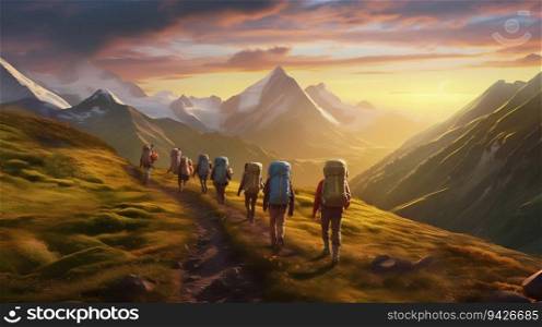 Mountain Trail: Group of Hikers Setting Off on Their Journey. Generative ai. High quality illustration. Mountain Trail: Group of Hikers Setting Off on Their Journey. Generative ai