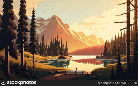 mountain valley lake forest. nature summer, water view, beautiful blue, panorama landscape, background green mountain valley lake forest ai generated illustration. mountain valley lake forest ai generated
