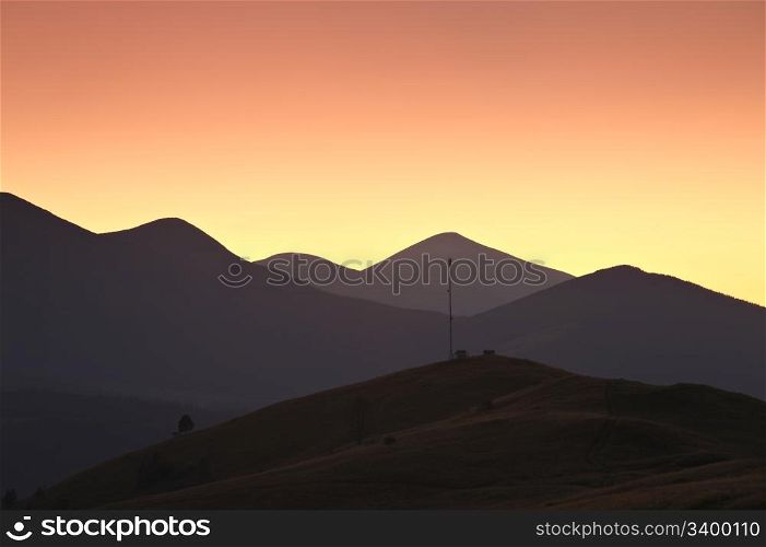 Mountain valley sunset. Carpathian mountains, Ukraine