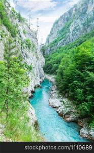 Mountain valley with beautiful blue river. Tara river canyon, Montenegro