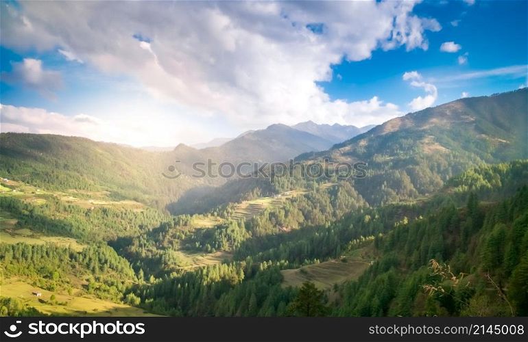Mountain valley with beautiful blue sky. Nepal. Mountain valley