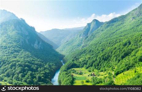 Mountain valley with beautiful blue sky. Tara river canyon, Montenegro