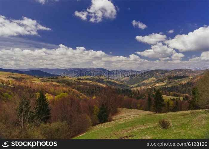 Mountain valley with clouds in Carpathians, Ukraine, instagram toning&#xA;