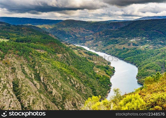 Mountain view. River Sil Canyon in Parada de Sil in Galicia, Spain. View from Balcon de Madrid lookout. Tourist attraction.. River Sil Canyon, Galicia Spain. Mountain view.