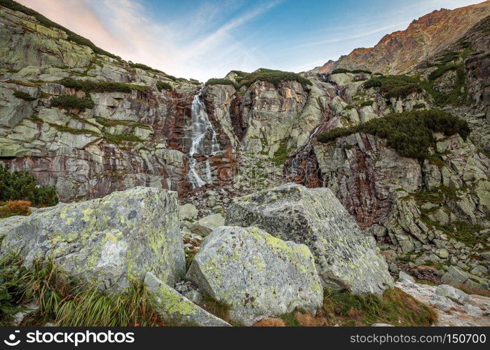 Mountain waterfall named Skok in High Tatra mountains, Slovakia, Europe. Waterfall mountain landscape