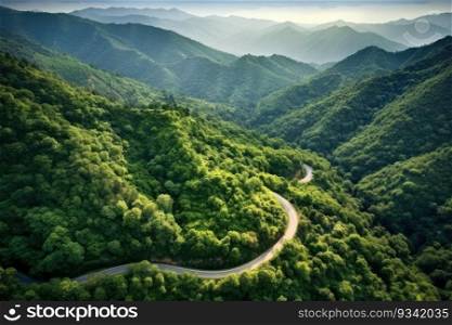 Mountain winding road between forests. Generative AI