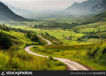mountain winding road summer landscape with green vegetation generative ai.