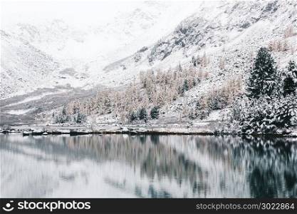 Mountain winter lake with the reflection of rocks in the water surface. High-altitude beautiful lake with clear mirror water. Purity beauty of the Altai nature.