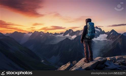 Mountaineer admiring the beautiful sunset in the mountains